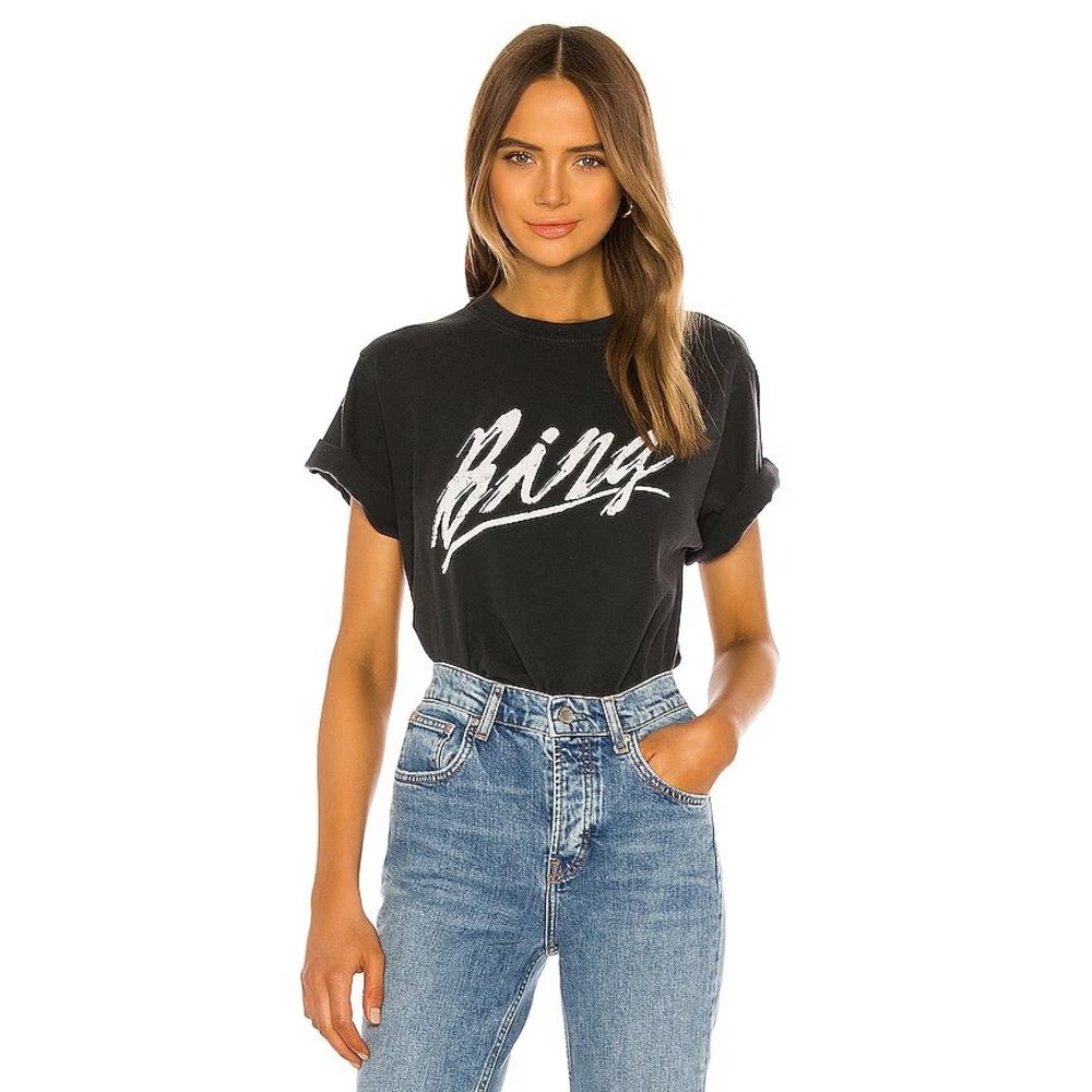 Anine Bing Basic Bing Tee Vintage Black Graphic Logo Cotton T-Shirt Small